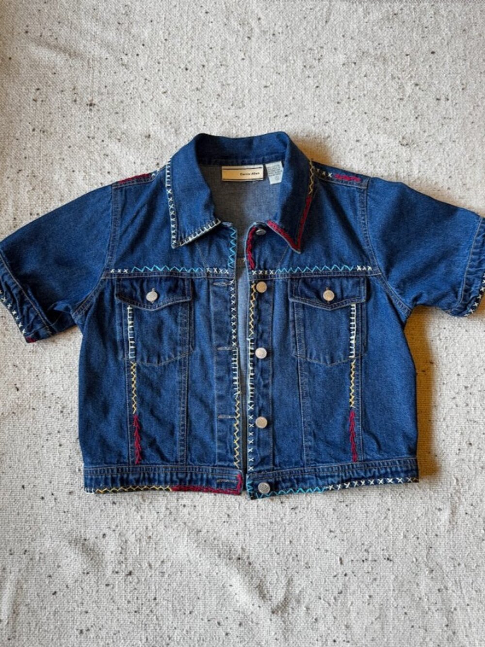 Carrie Allen Denim Jacket S Embroidered Multicolor Stitch Cropped Short Sleeve